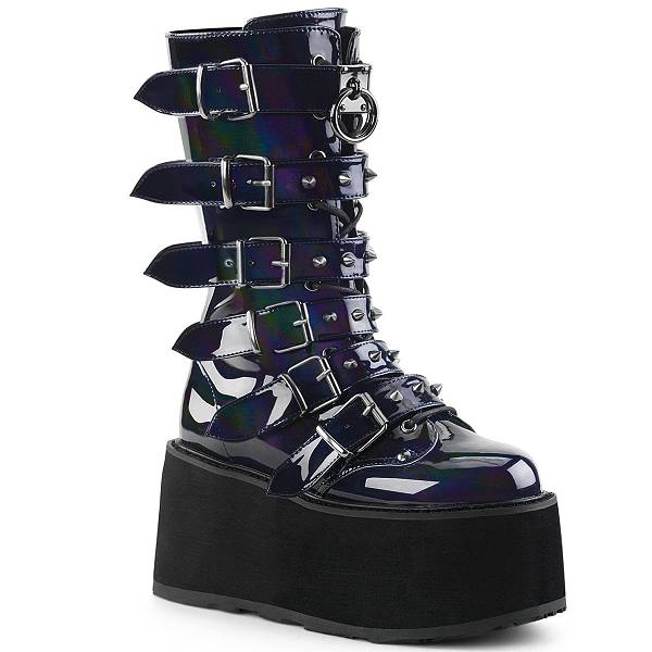 Demonia Women's Damned-225 Platform Mid Calf Boots - Black Hologram Vegan Leather D9270-65US Clearance